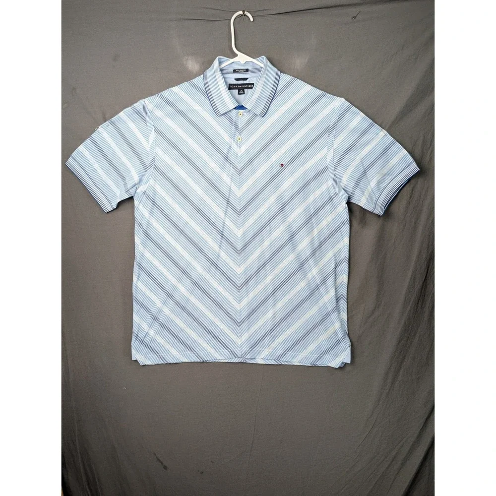 Tommy Hilfiger Mens Blue Striped Short Sleeve Polo Shirt L